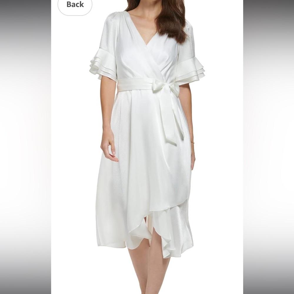 DKNY V-Neck Triple Ruffle Ivory White Wedding Dress with Slit Flowy Textured